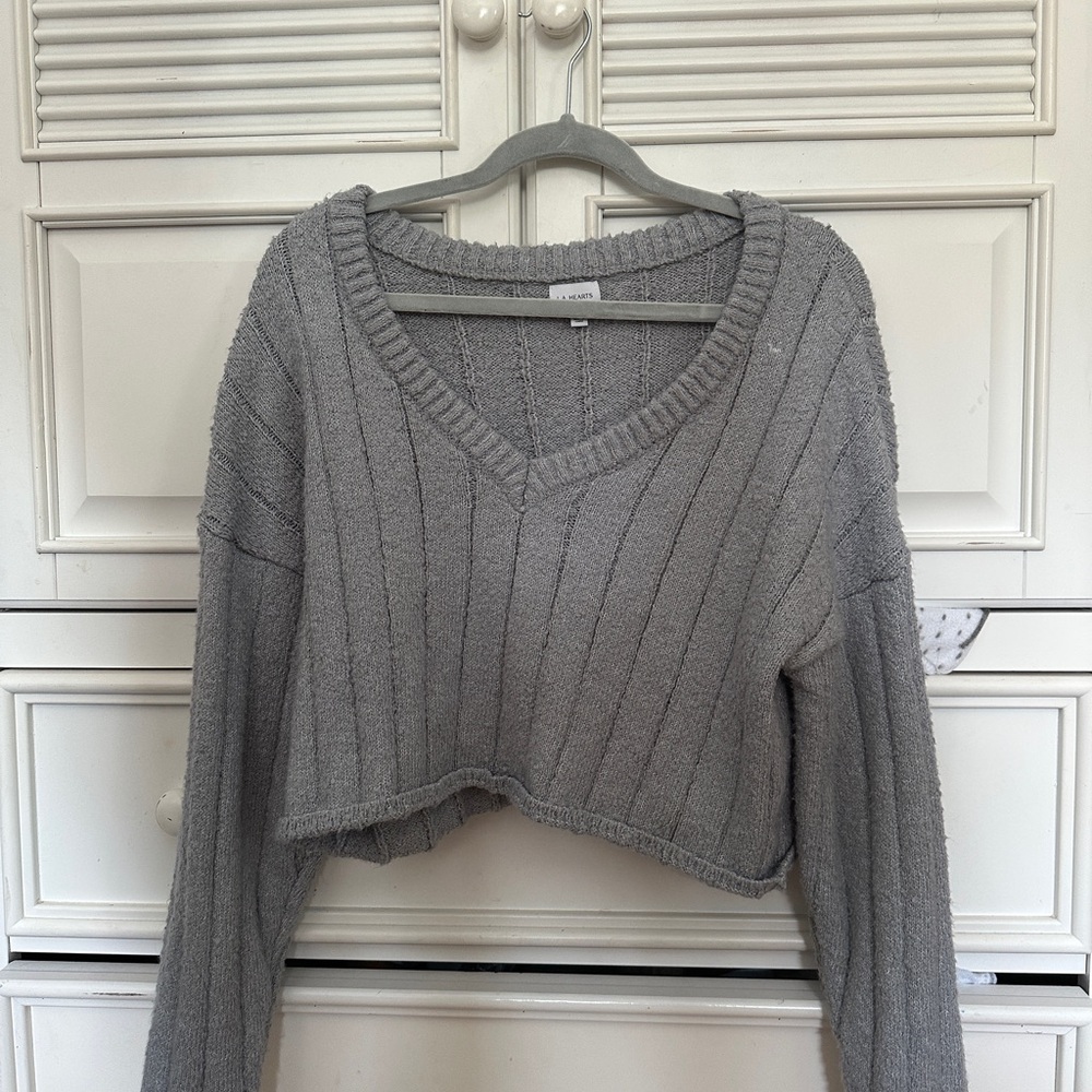 Gray Ribbed Knit Cropped Sweater
